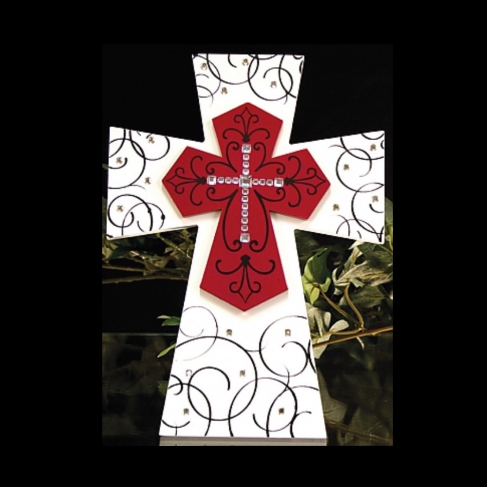 Large Red & White Wooden Cross with Crystal Accents